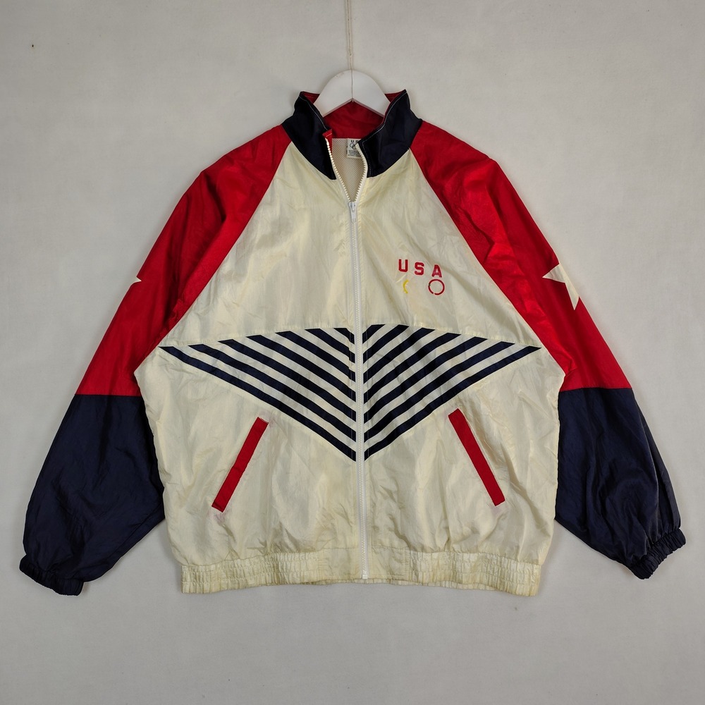 Vintage USA Olympic Committee Windbreaker Jacket Large Red White Blue Full Zip